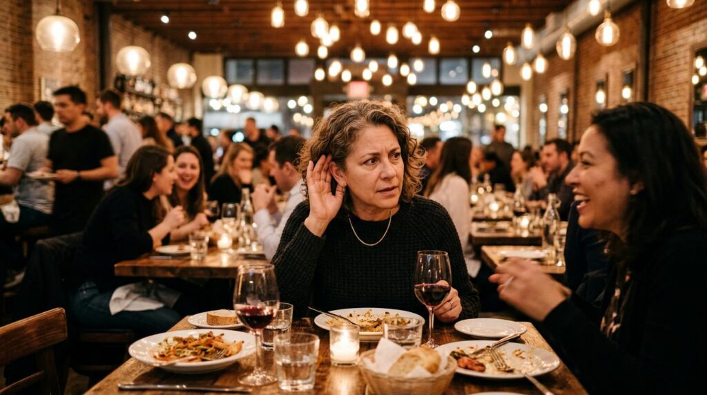 Woman with untreated hearing loss struggling to hear a conversation in a noisy restaurant.